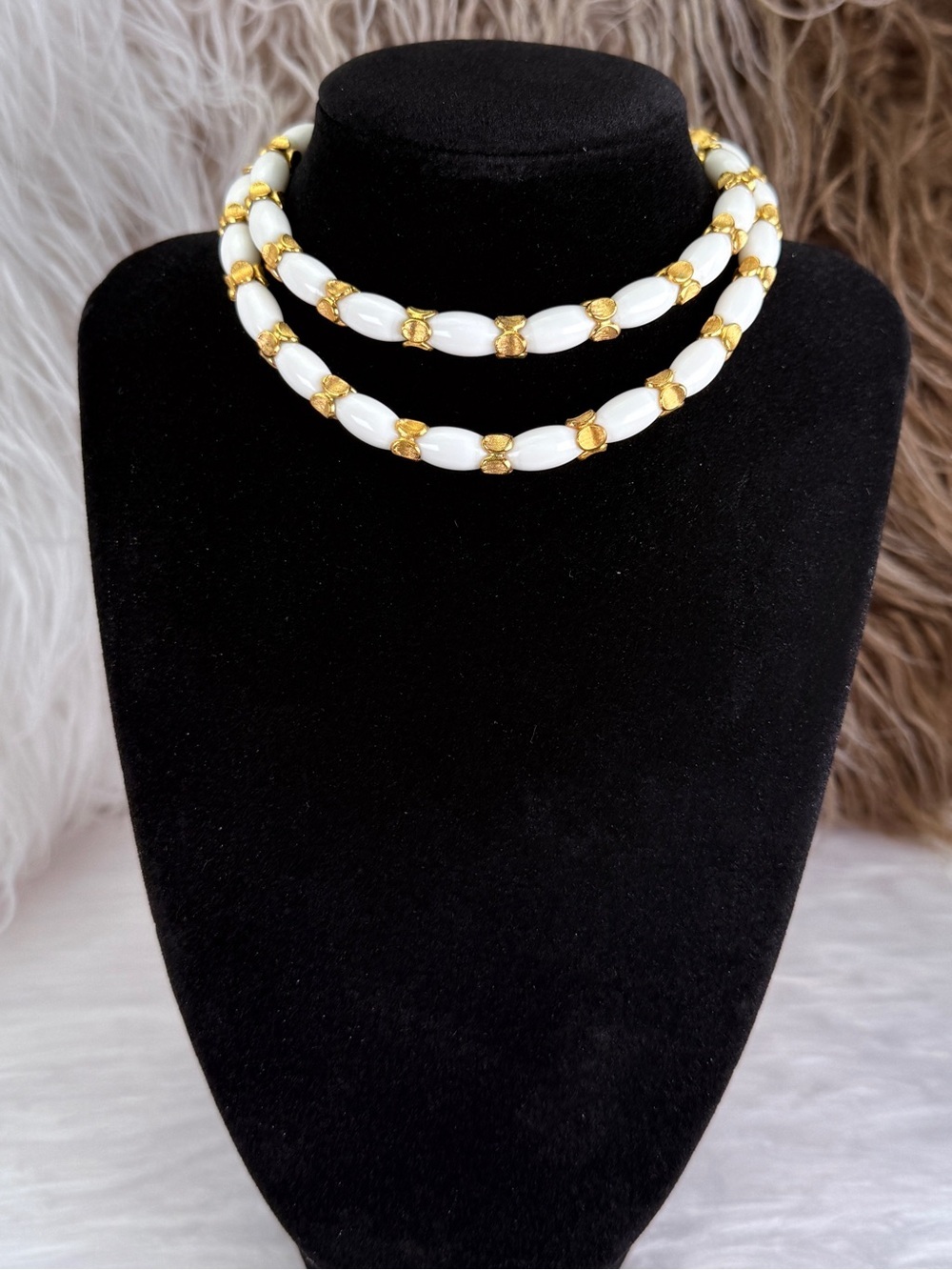 Vintage Crown Trifari White Bead Gold Tone Necklace Signed Designer